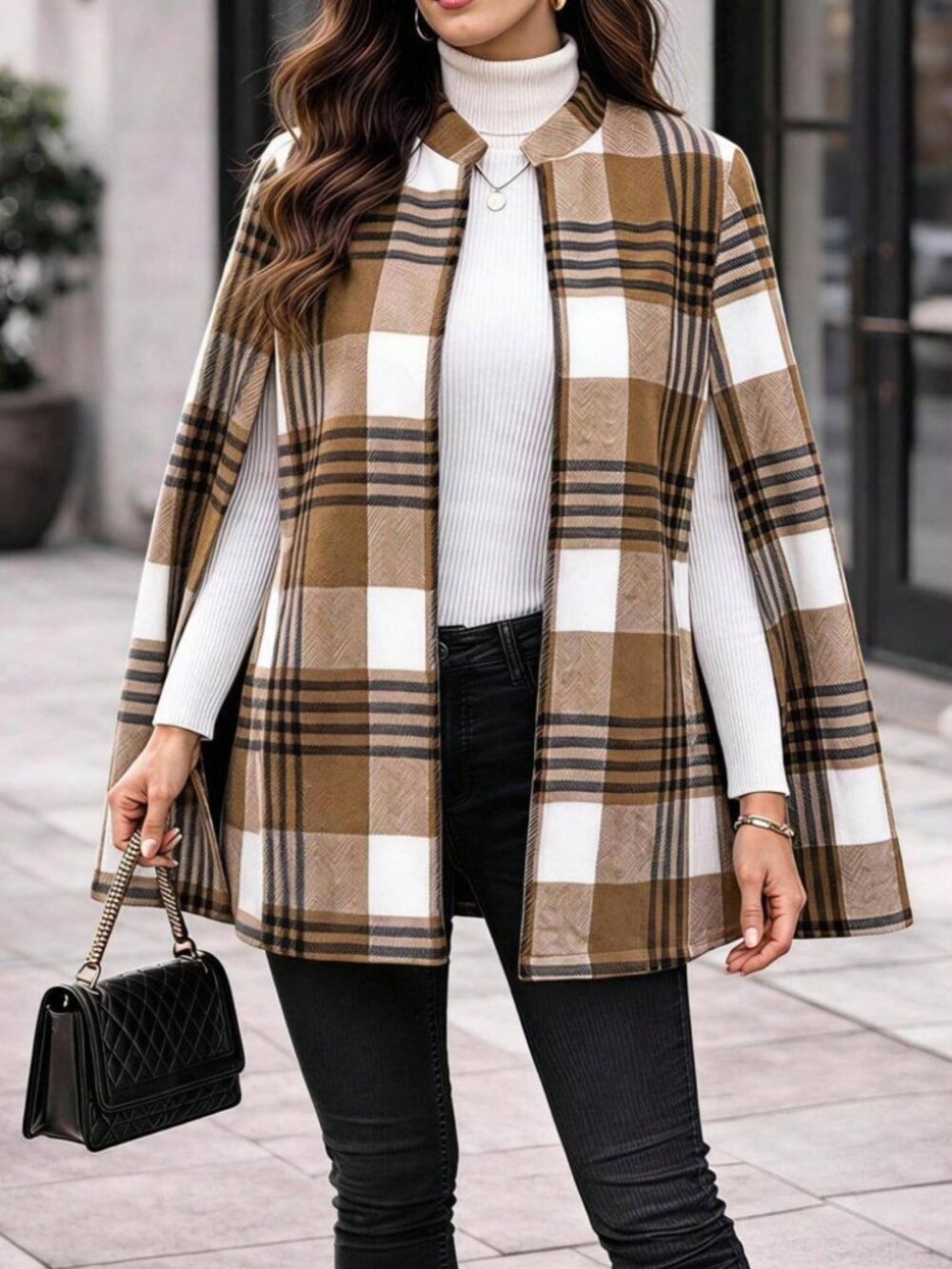 Tan Plaid Cape Coat with Stand Collar